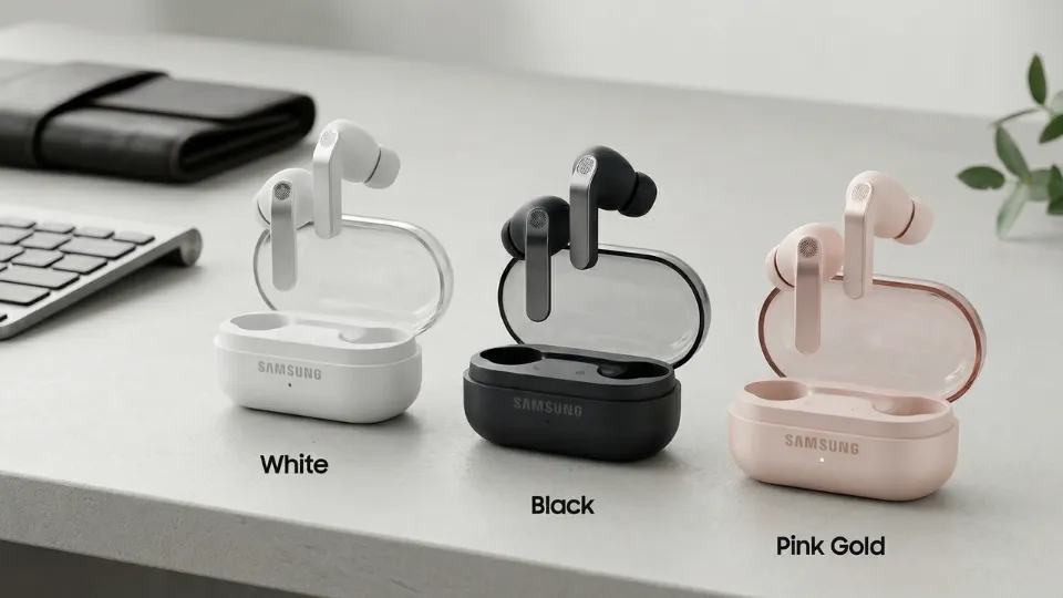 Samsung Galaxy Buds 4 Pro placed on a modern desk next to a smartphone in a clean work setup