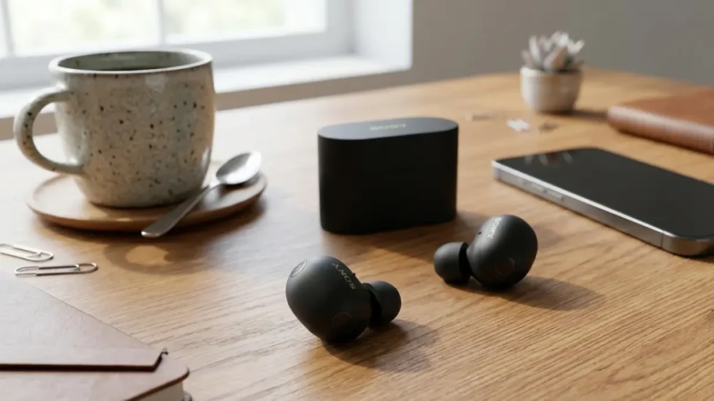Sony WF-1000XM6 earbuds on desk lifestyle setup with phone and coffee natural lighting