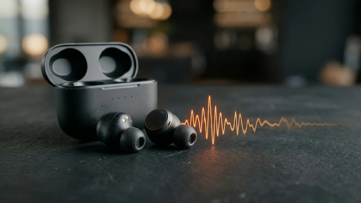 Wireless earbuds showing audio degradation over time with fading waveform