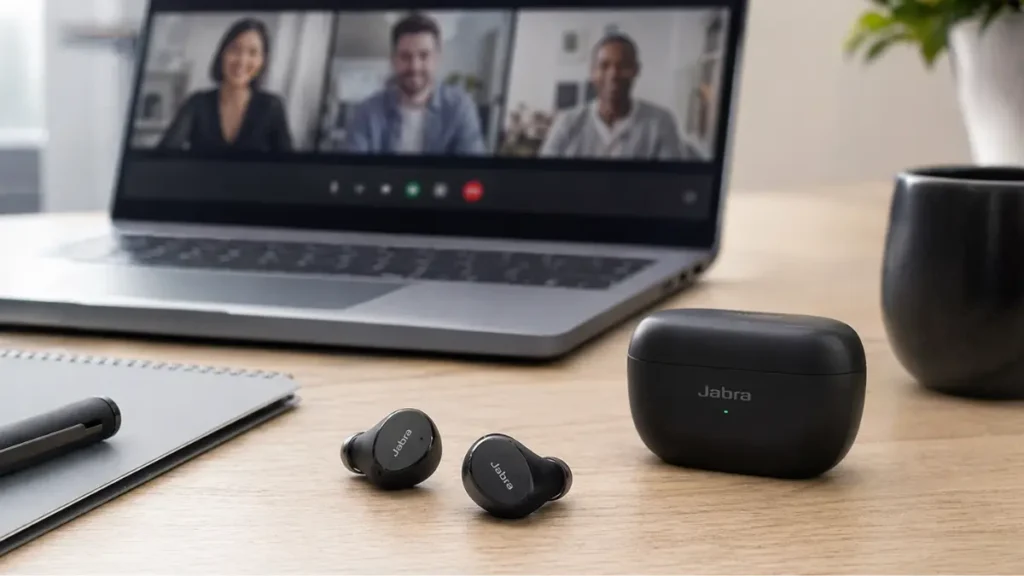 Best earbuds for Zoom calls 2026 arranged on a work desk with laptop and microphone setup