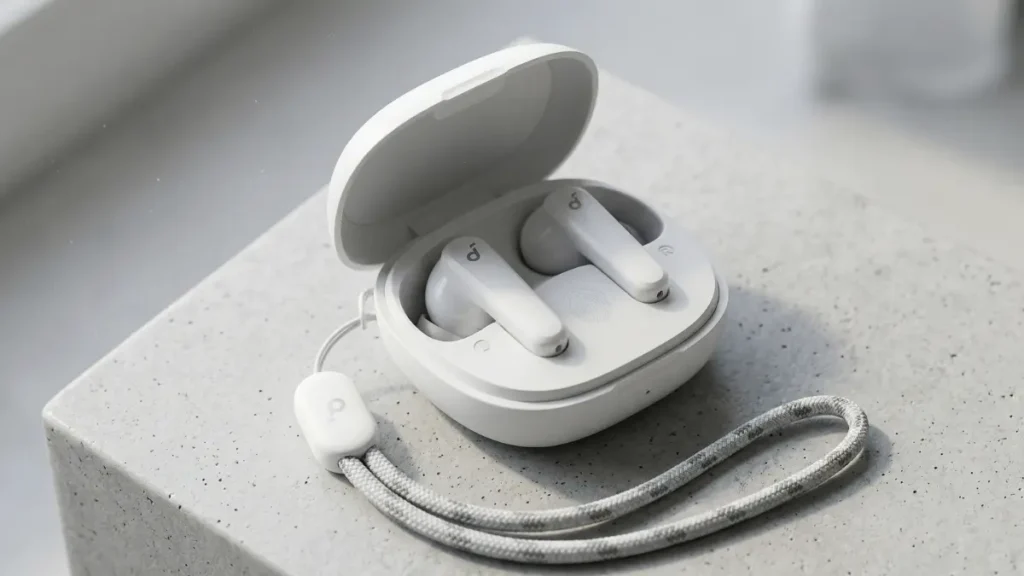 Soundcore P20i wireless earbuds in open charging case on a clean white background