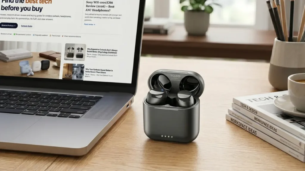 TOZO T6 true wireless earbuds with charging case on a white surface