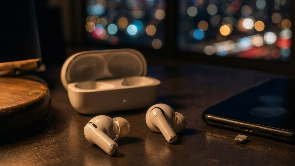 Wireless earbuds on a desk at night in a quiet listening environment