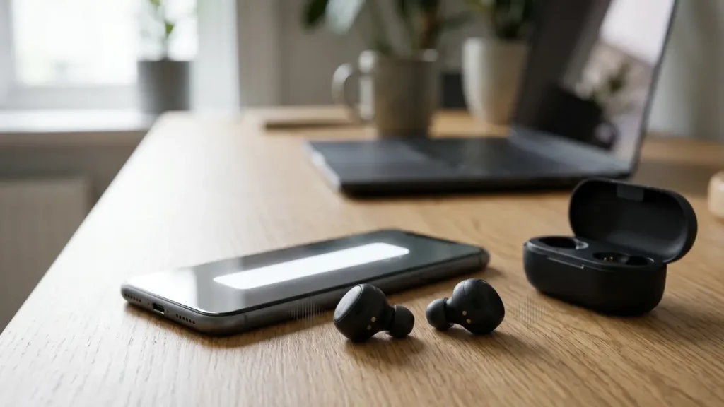Wireless earbuds next to a smartphone volume screen on a desk