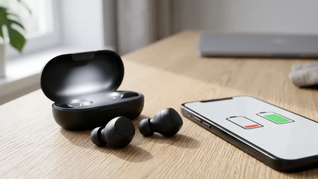 Two wireless earbuds next to a charging case with different battery levelsTwo wireless earbuds next to a charging case with different battery levels