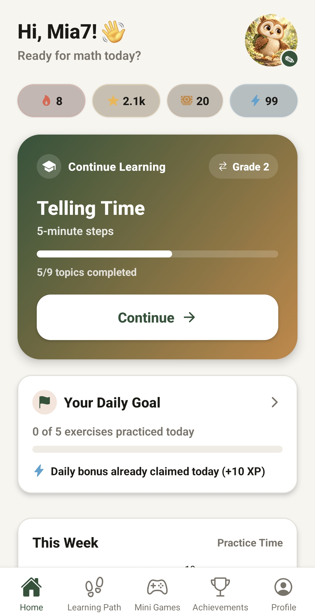 Matubi home screen showing the current exercise, learning progress and daily goal