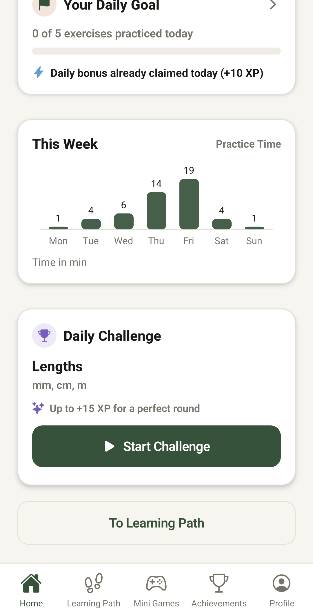 Matubi weekly practice time overview and a daily challenge about lengths