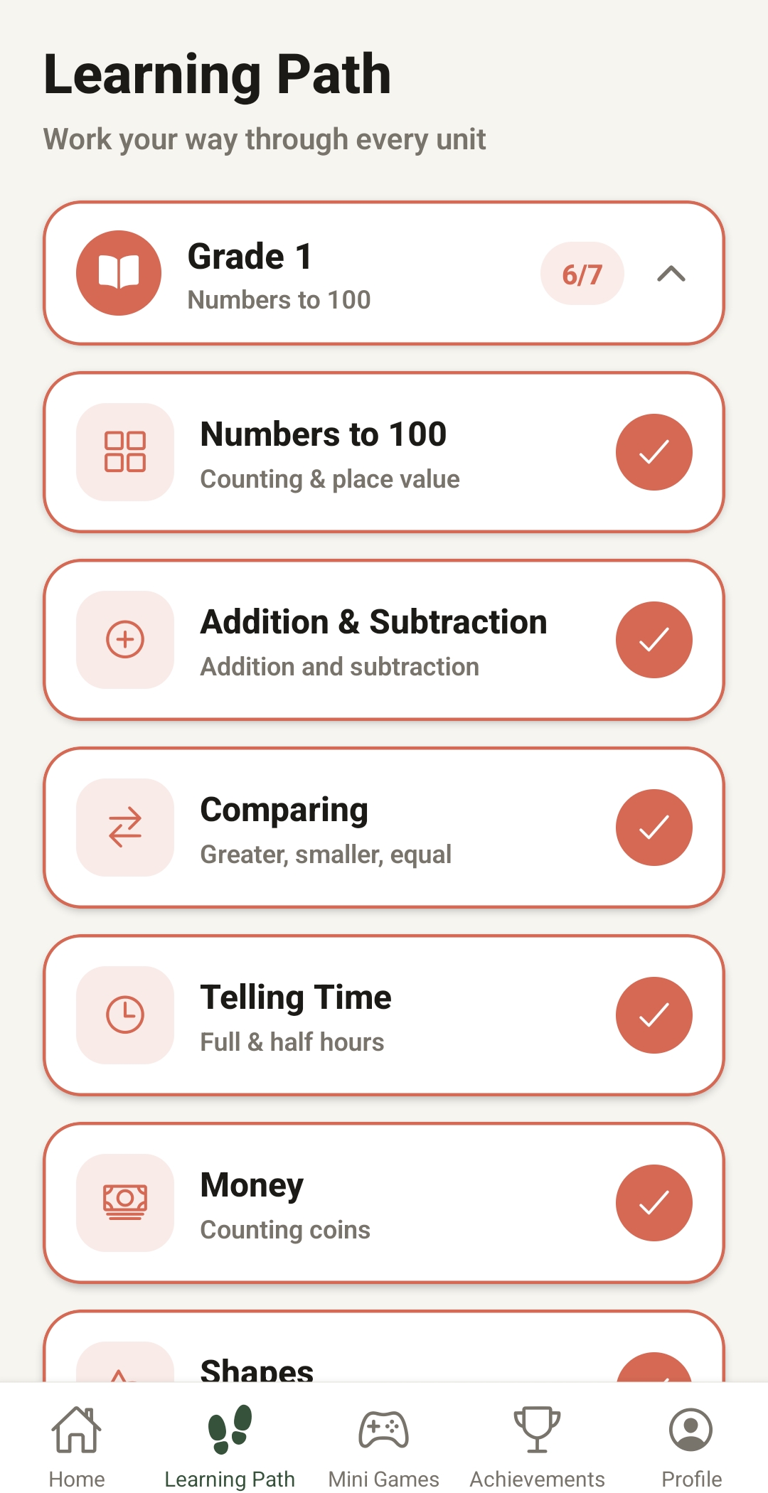 Matubi learning path with numbers, addition, subtraction, comparisons and telling time