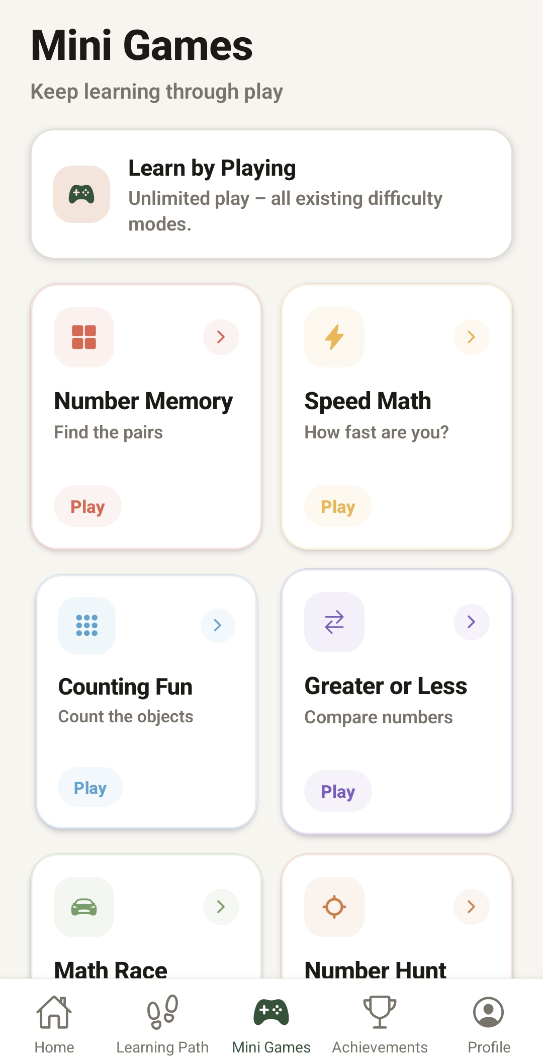 Matubi mini games with number memory, quick calculations, counting and number comparisons