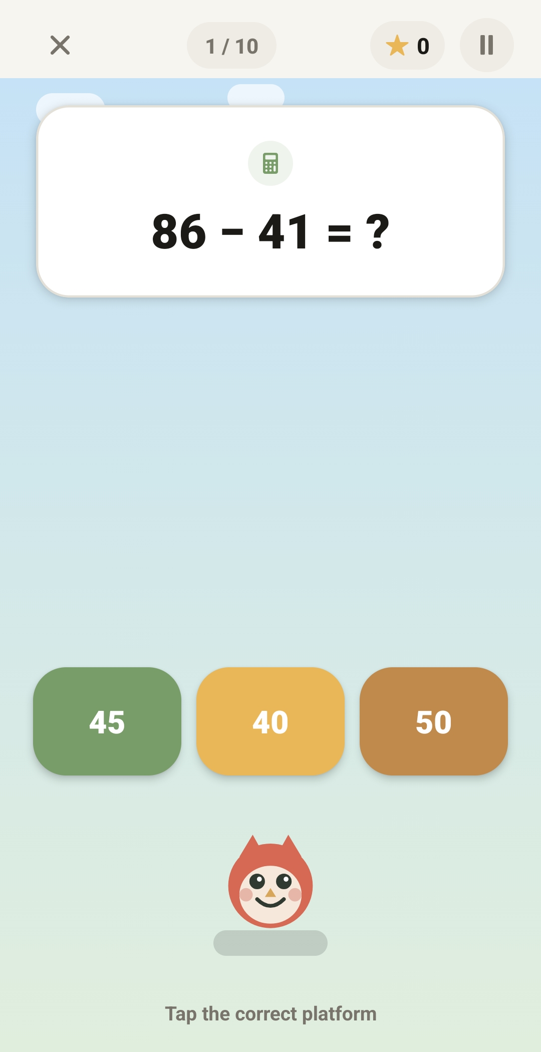 Tubi Math Jump showing 86 minus 41 and three answer platforms