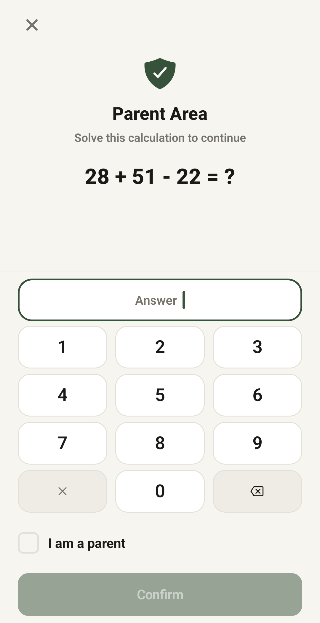 Matubi parent area with a calculation and confirmation before entry